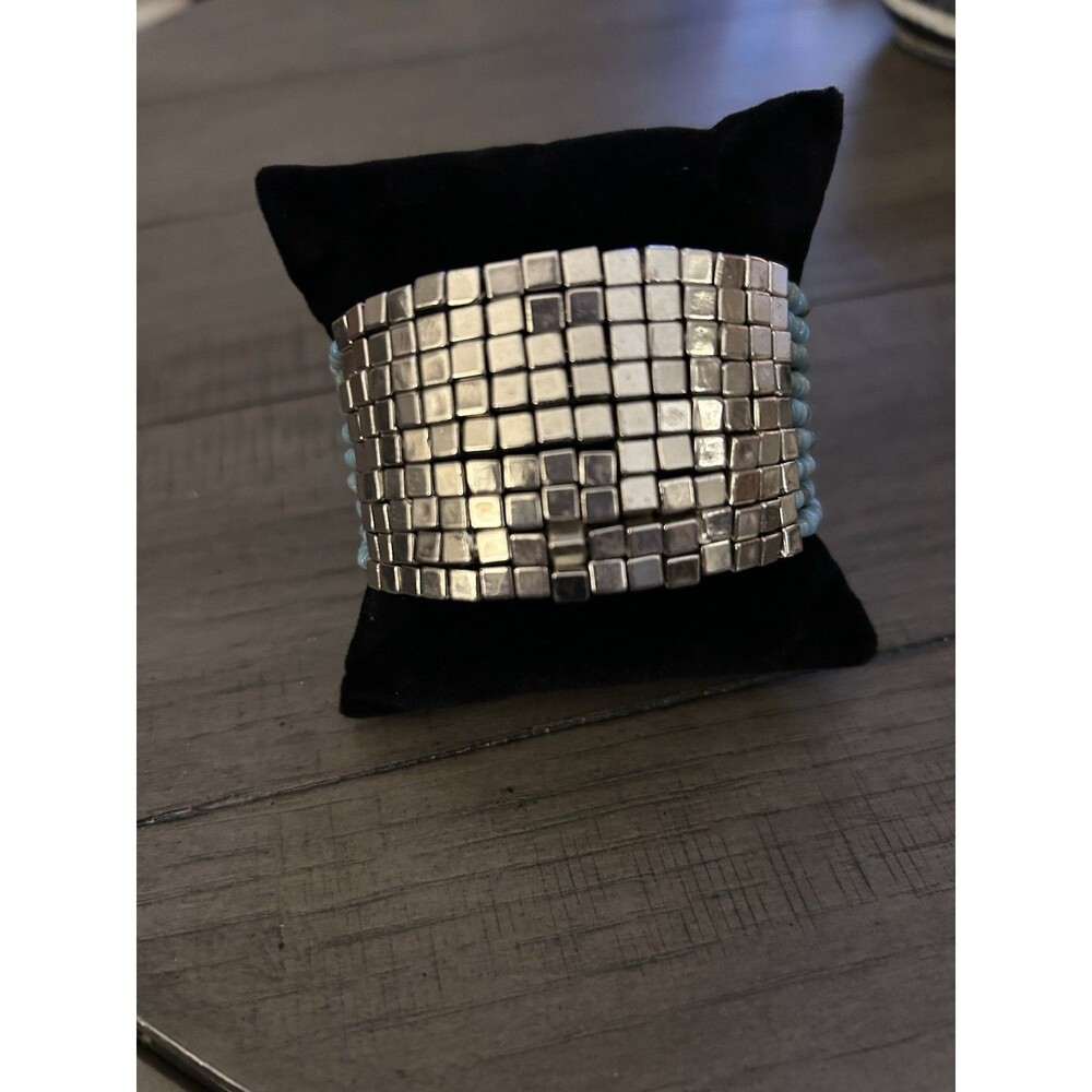 Silver and Turquoise Color Beaded Cuff Bracelet